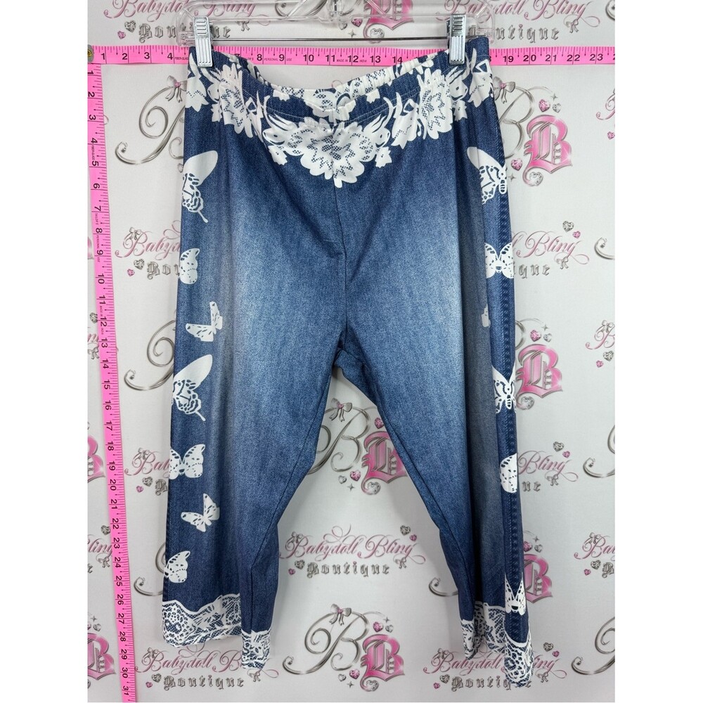 Capri tights floral lace Women's Blue Butterfly Print Jeans